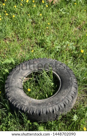 Destroyed rubber car tire on the grass close-up.Environmental protection.Recycling, pollution. Garbage in the forest.Day without a car.The rejection of the vehicles. Ecology, not eco-friendly garbage.
