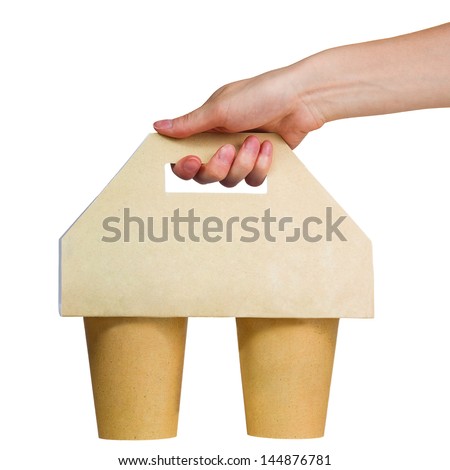 A hand holding takeaway coffee cups isolated on white background. Delivery concept. Just add your own text Royalty-Free Stock Photo #144876781