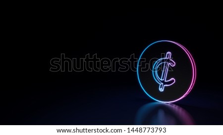 3d techno neon purple blue glowing outline wireframe symbol of cent isolated on black background with glossy reflection on floor