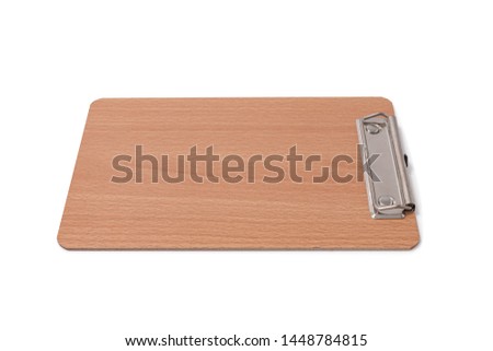 Wooden blank clipboard isolated on white background. Selective focus.