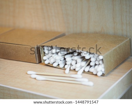 Boxes of Q tips or cotton bud that made from recyclable material like bamboo to help reduce trash while enjoying sustainable lifestyle
