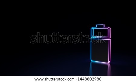 3d techno neon purple blue glowing outline wireframe vertical symbol of two third charged battery  isolated on black background with glossy reflection on floor