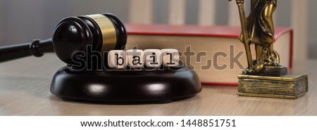 Word BAIL composed of wooden dices.  Wooden gavel and statue of Themis in the background. Closeup Royalty-Free Stock Photo #1448851751