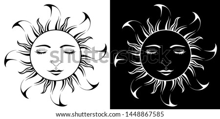 Lord Sun with closing Eyes - Scroll saw, Intarsia, T Shirt design, Wall sticker, Tattoo or Embossing art with black and white background