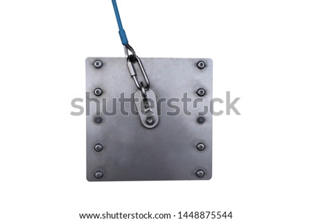 Top view picture of roof top safety fall arrest anchor point plate permanently attached into first man up line ready to used while working at height construction building site with white background 