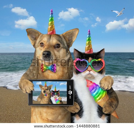 The dog unicorn in a bow tie with a smartphone and the cat unicorn in sunglasses with a colored ice cream cone made selfie together on the beach in the summer.