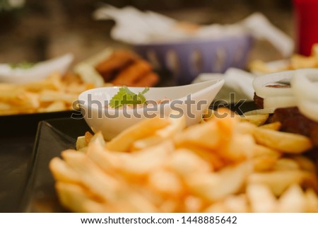 Food serving, potatoes, bbq, ketchup