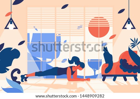 Interior scene with woman doing plank position. Home gym in front of window, with stylish chair and sitting cat. Flat indoors illustration for sport healthy lifestyle Royalty-Free Stock Photo #1448909282