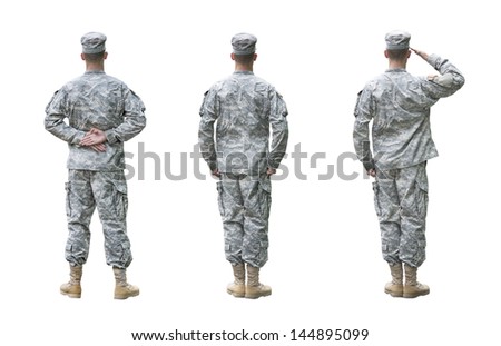 US Army soldier in three positions; Parade rest, Attention, Saluting. Back view, isolated on white background (Memorial day, Veteran's day, 4th of july, Independence day)