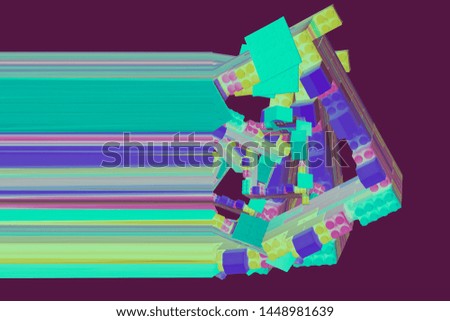 Abstract background in retro wave style with glitch effect. Abstract geometric shapes made from toy bricks. Place for text. 3d illustration