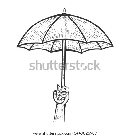 Umbrella in hand sketch engraving raster illustration. Scratch board style imitation. Black and white hand drawn image.
