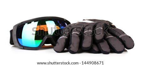 Winter sport glasses and gloves, isolated on white