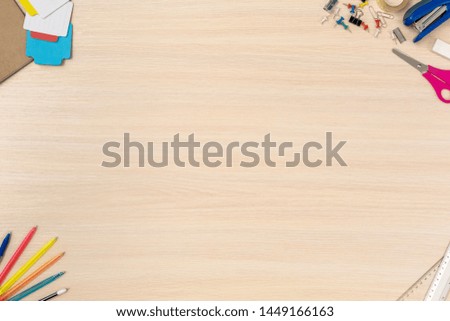 Wooden desk workplace top view nobody free space