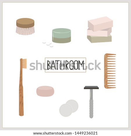 Set of vector elements, eco, green and zero waste lifestyle for bathroom cosmetics, hygiene, tooth brushing. For shop, article, website, illustration, infographic template.