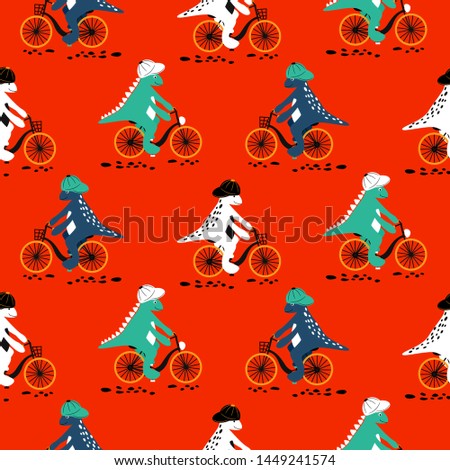 Cartoon dinosaur on bikes seamless pattern. Dino child cute characters riding bicycles vector on orange red background.