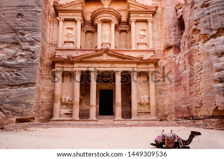 Jordan, Petra, the first glimpse when you enter Petra, the Nabatean mausoleum Al-Khazneh or the Treasure. Royalty-Free Stock Photo #1449309536