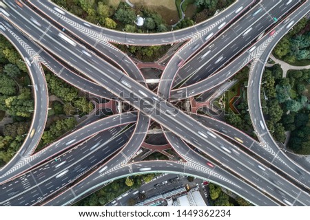 Aerial view of highway and overpass in east Yan`an road, Shanghai city