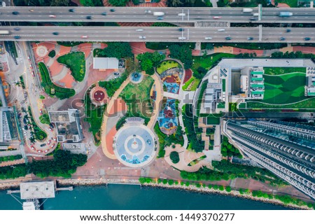 Aerial view of express way pass through Tsuen Wan Park, Tsuen Park, Hong Kong.