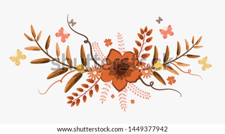 Autumn with Leaves vectors.  Vector floral bouquet design: Flowers with leaves.  Vintage flowers. Illustrations flowers. Wreath vectors. Happy Autumn.  Butterfly vector
