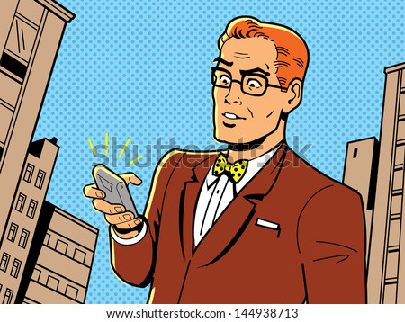 Ironic Illustration of a Retro 1940s or 1950s Man With Glasses, Bow Tie and Modern Smartphone