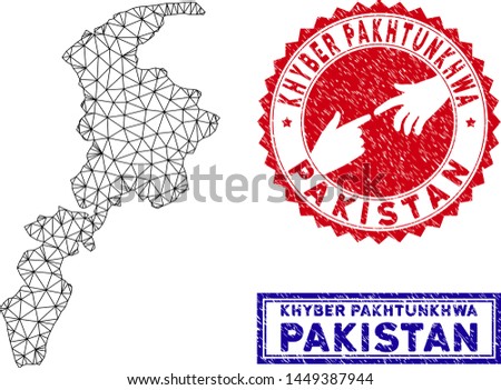 Wire frame polygonal Khyber Pakhtunkhwa Province map and grunge seal stamps. Abstract lines and spheric points form Khyber Pakhtunkhwa Province map vector model. Round red stamp with connecting hands.