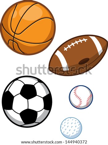 Assorted Sports Balls; Basketball, Football, Soccer Ball, Baseball, Golf Ball
