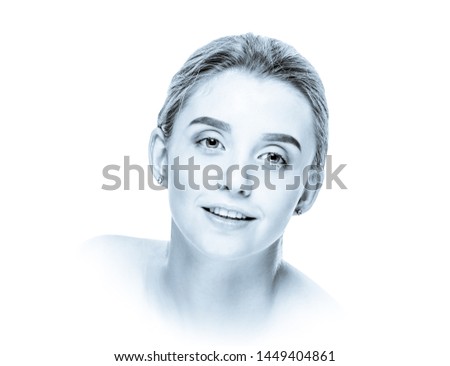 Pretty relaxed smiling girl after spa procedures, black and white image in high key style with blue toning and soft vignetting