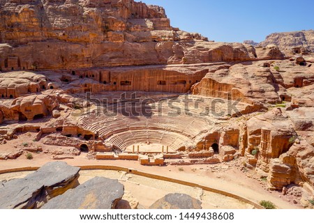 Jordan, in Petra, General view of the Nabataean amphitheatre. Royalty-Free Stock Photo #1449438608
