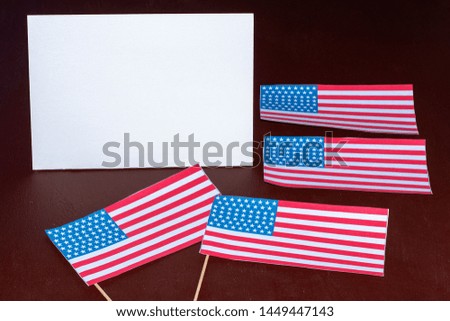 Postcard with the image of the US flag and a notebook with a blank page, postcard, democracy. The concept of an independent, strong country and nation