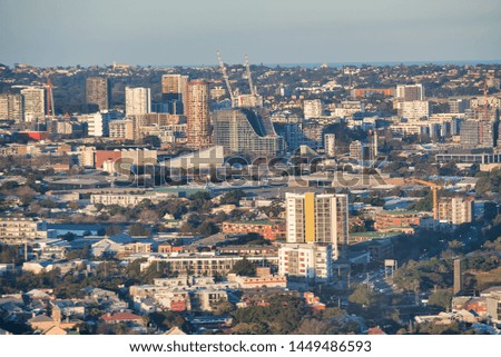 Aerial view of small city skyline.