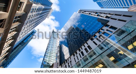 City buildings in Pitt Street, skyward view., Sydney.