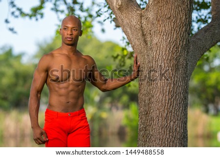 Photo of an attractive model posing with hand on tree in the park. Image lit with off camera flash softbox