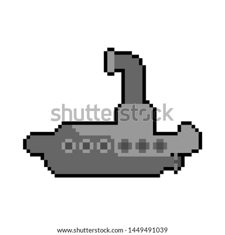 Submarine pixel art. Ship for underwater diving 8 bit. Vector illustration
