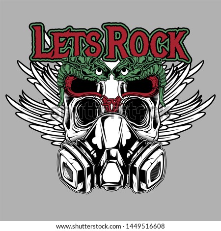 lets rock skull and snake with wing.vector hand drawing,Shirt designs, biker, disk jockey, gentleman, barber and many others.isolated and easy to edit. Vector Illustration