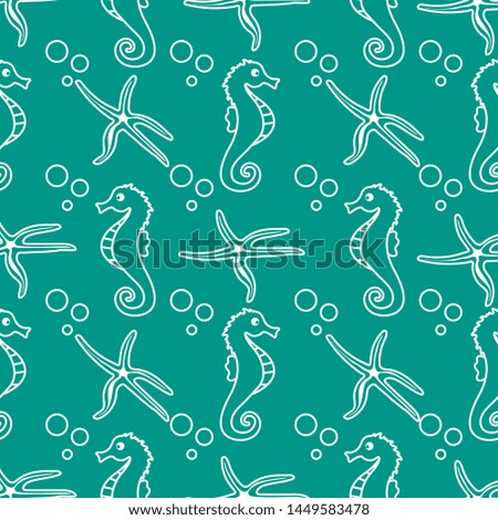Vector seamless pattern with sea horses, starfish and bubbles. Marine background. Design for textile, banner, poster or print.