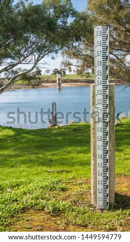 Water level markers at at Tullaroop Reservoir, Victoria, Australia. July 2019. The reservoir was 49% full at the time this photo was taken.