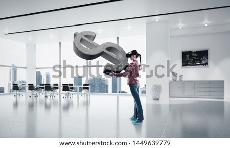 Young woman in virtual reality helmet and dollar stone symbol. Mixed media