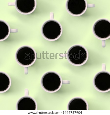 Many small white coffee cups on texture background of fashion pastel lime color paper
