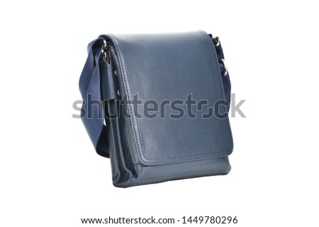 men dark blue leather handbag in the studio white isolated background
