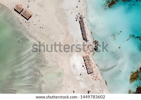 Aerial shot of beautiful turquoise beach Elafonisi Crete Greece Royalty-Free Stock Photo #1449783602