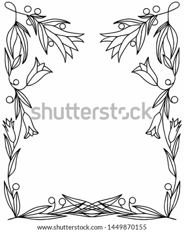 Rectangular frame with branches, leaves, berries and flowers bells. Contour, black line.