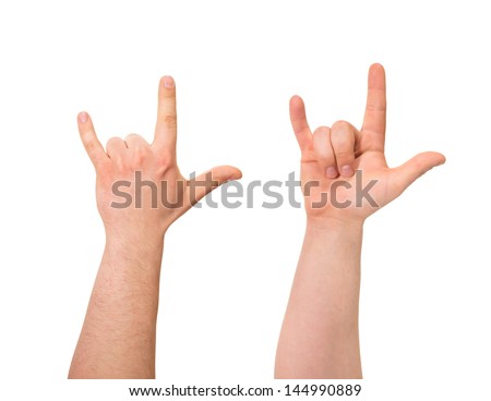 Sign of horns caucasian hand gesture isolated over white background, set of two  foreshortenings