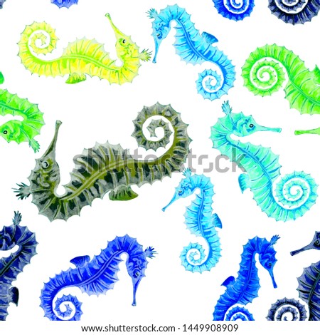 Watercolor seamless pattern with seahorses. Bright summer print. Exotic pattern. Can be used for any kind of design