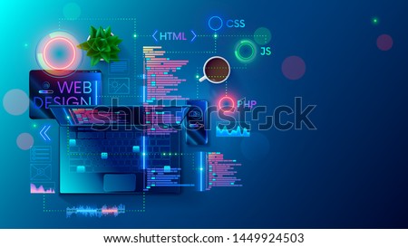 Web development, coding and programming responsive layout internet site or app of devices. Creation digital Software mobile, desktop platforms. Computer code on laptop, tablet, phone. Concept banner. Royalty-Free Stock Photo #1449924503