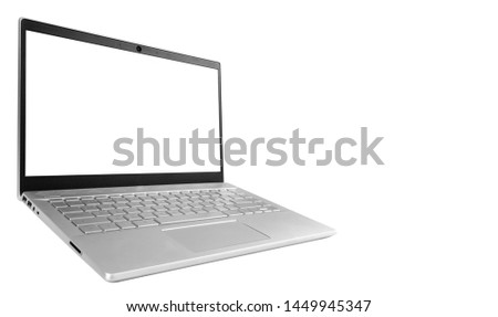 Laptop computer PC with blank screen mock up isolated on white background. Laptop isolated screen with clipping path. PC computer white screen with copy space. Empty space for text.