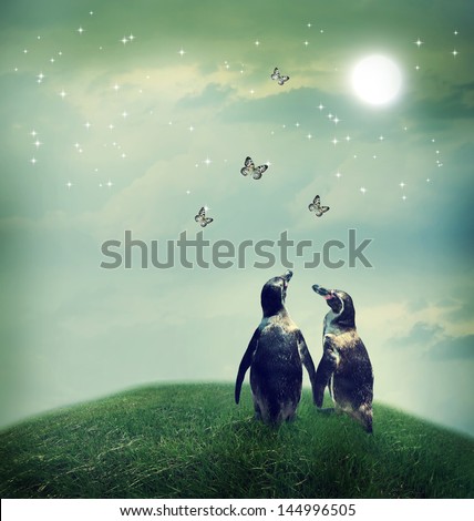 Two penguin friendship or love theme image at a fantasy landscape