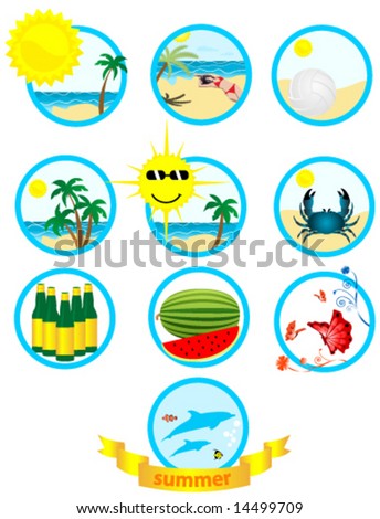 Set of ten summer illustrations in blue circles