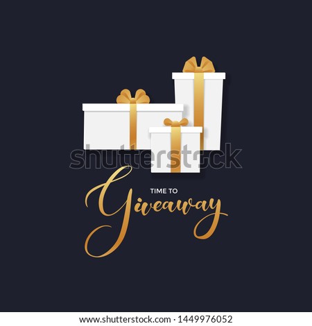 Vector paper cut giveaway banner illustration. Gold lettering text and luxury gift boxes on black background. Design poster for social media advertising promotion event of gift contest.