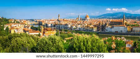 Florence, Italy. Panoramic landscape of Firenze on sunny day. Scenic view on Florence city from Piazzale Michelangelo, Florence, Italy