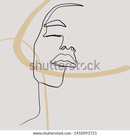 Continuous line woman portrait pictured on an abstract background with freehand shapes in pastel colors. Creative contemporary composition with girl face in modern graphic style drawing.  Royalty-Free Stock Photo #1450093721
